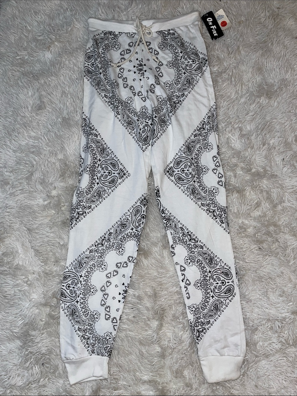 Vintage Deadstock On Fire White Cotton Joggers with Black Bandana Print Medium
